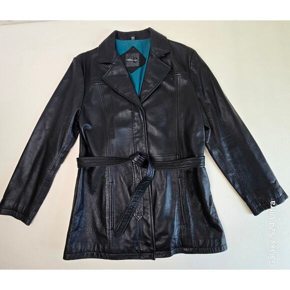 Outdoor Exchange Black Genuine Leather Jacket Belted Lined Coat Women's M - Picture 3 of 10